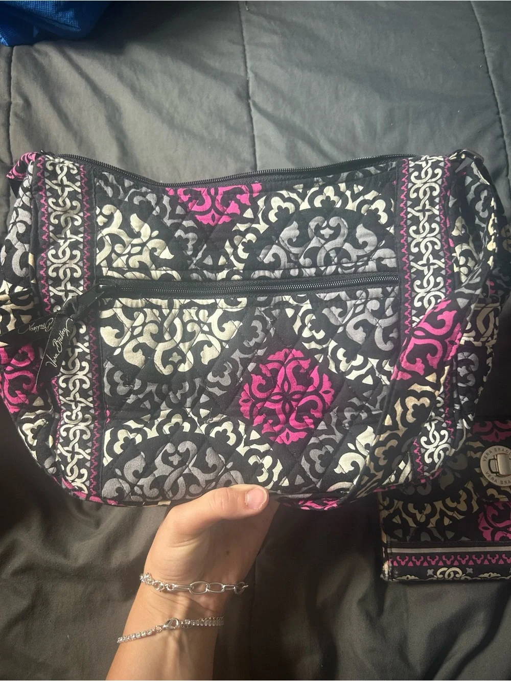 Vera Bradley Quilted Black and Pink Patterned Shoulder Bag and Wallet Set